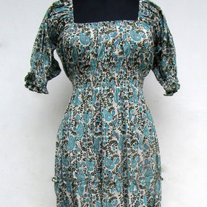 Femmes coton main bloc imprimé longue robe été décontracté tunique bouton décoration coupe ample confortable naturel robe ensemble - Product Image 1