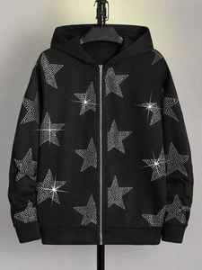 Sudadera con Capucha Extra Grande para Hombre, Otoño, Felpa Gruesa, Bordado, Impresión Digital, Brillante, con Pedrería, Diamantes, Estrellas, Cierre de Cremallera - Product Image 6