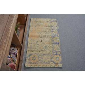 Alfombra turca vintage de 2x3,6 pies Beige azul área grande de retazos de lana con respaldo de látex rectángulo abstracto para adolescentes para pasillo - Product Image 1