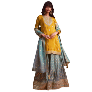 Traje de tejido amarillo bordado Kurta Palazzo, venta al por mayor, Ropa Étnica para mujer, proveedor de fábrica OEM, traje de fiesta de boda personalizado - Product Image 1