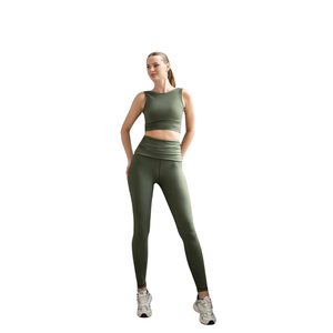 Conjunto Deportivo de 2 Piezas para Mujer, Ropa Deportiva de Nailon Sólido sin Costuras, Transpirable, de Cintura Alta, con Logotipo Frontal Personalizado, OEM ODM - Product Image 4
