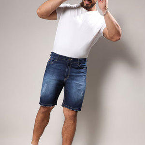 Shorts Bermuda en jean bleu pour homme, taille mi-haute, style vintage, taille élastique, finition délavée, tissu en coton uni, écologique, séchage rapide - Product Image 4