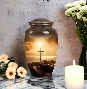 Urna de símbolo cristiano, urna conmemorativa pastoral brillante para el hogar para cenizas humanas, montaña, puesta de sol, atardecer pacífico, urna de Cruz bíblica divina - Product Image 6