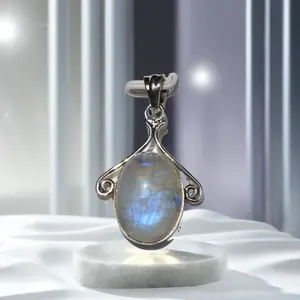 Pendentif unisexe Rudra Gems 2024 en argent sterling 925 avec cabochon en pierre de lune, forme ovale, pierres de guérison naturelles, style bohème - Product Image 1