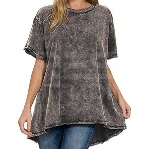Camisetas de mujer de lavado ácido de alta calidad 2024, camiseta informal para mujer con hombros caídos, venta al por mayor, nuevo diseño de manga corta - Product Image 1