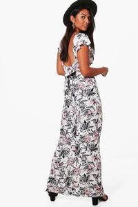 Robe longue en mousseline imprimée grande taille pour femme, col en V, manches courtes, à volants, motif floral, élégante et décontractée, mode estivale - Product Image 2
