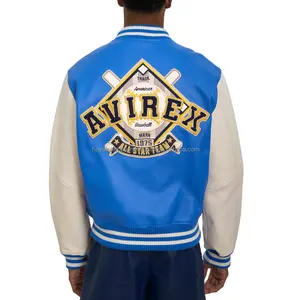 Veste universitaire pour homme OEM, écologique, logo brodé personnalisé, patchwork en chenille, veste bomber en cuir bleu - Product Image 3