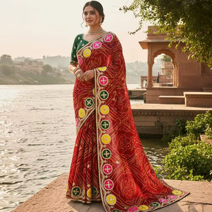 Sari en Georgette pur avec imprimé Bandhani de Jaipur et magnifique travail Gota Bangali sur le pallu et la bordure - Product Image 1