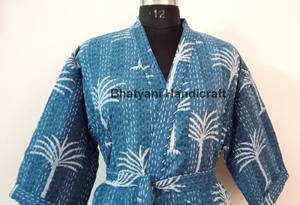 Handmade Cotton Varsity <b>Jacket</b> New Indigo Kantha Quilted Design Winter Wear <b>Kimono</b> Indian Canvas Puffer <b>Jacket</b> Finished Letter - Product Image 3