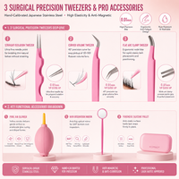Kit de démarrage pour extensions de cils : applicateurs roses, pinces, supports pour anneaux de colle, bandes adhésives pour cils, tapis de travail et brosse de nettoyage