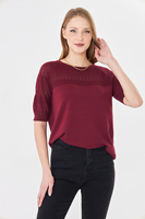 Blouse en maille ajourée à manches courtes pour femme - Pull de printemps à col rond ajouré - Haut en maille crochet doux et respirant pour femme
