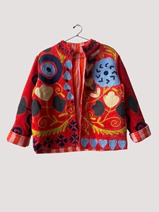 Chaqueta Acolchada de Terciopelo Bordada a Mano con Cuello Mandarín, Manga Larga, Estampado Floral, Abrigo de Invierno para Mujer, Rojo, Acolchado Grueso - Product Image 1