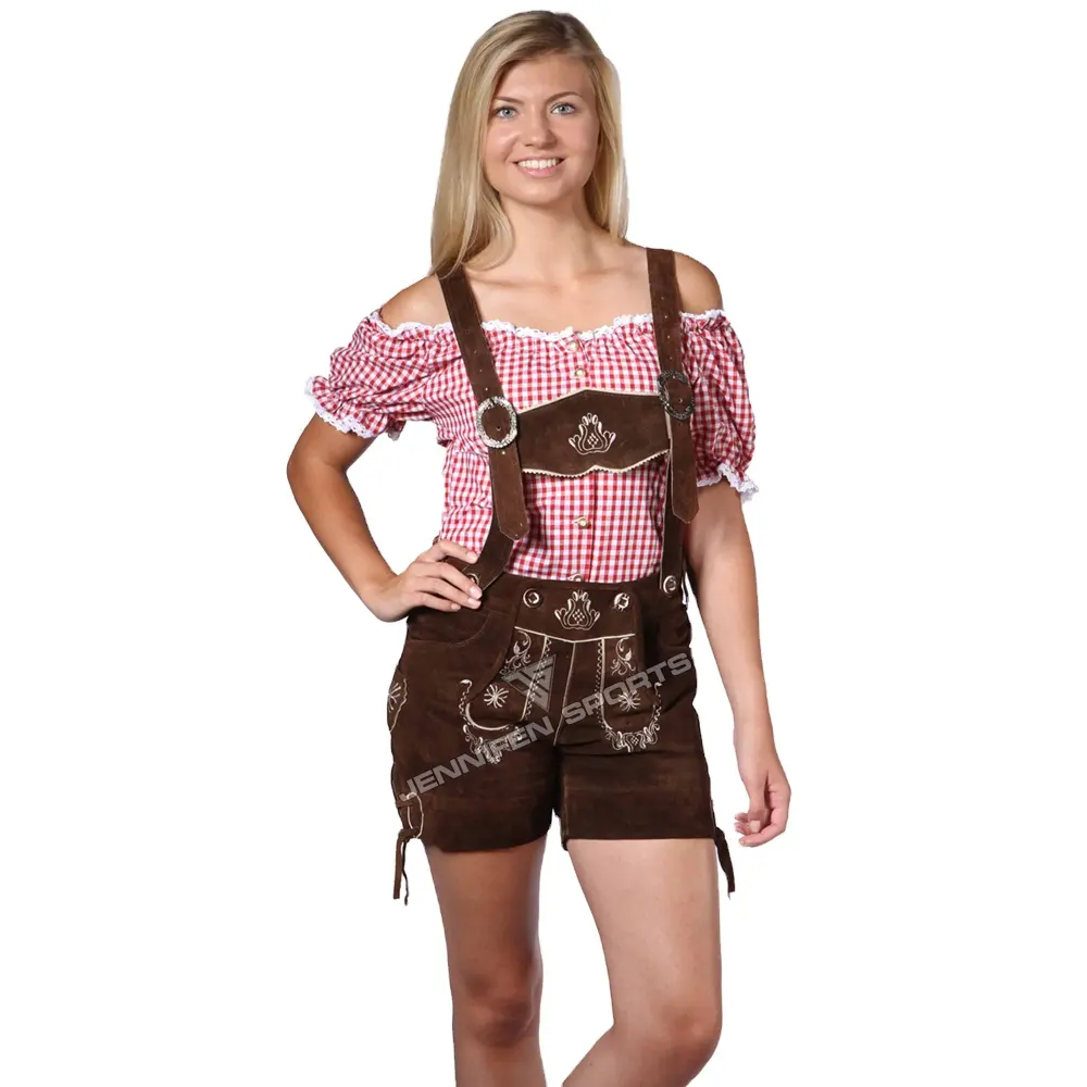 OEM Bavarian คุณภาพสูง Cowhide หนังนิ่มหนัง Lederhosen กางเกงขาสั้นผู้หญิง Suspender ด้านหน้าเย็บปักถักร้อยกระเป๋าปุ่มปิด