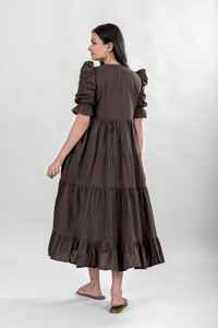 Vestido Midi con logotipo personalizado para mujer, cuello en V, mangas cortas abullonadas, vestido informal liso con cinturón de algodón, tejido ecológico, Lino liso, Natural - Product Image 2