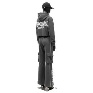 <b>Women</b> Luxury Fleece Tracksuit Set 320 GSM Cotton Polyester <b>Grey</b> <b>Cargo</b> Panel Design With Embroidery Logo plus size Tracksuits - Product Image 5
