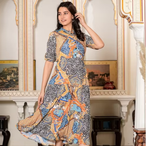 Robe à volants en polyester à imprimé multi-animaux pour femmes avec manches courtes et col mandarin conçue en tissu léger - Product Image 1