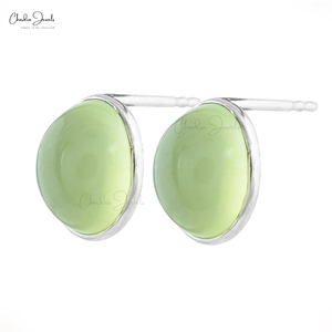 Boucles d'oreilles Prehnite en or blanc fin 14K 9x7mm Cabochon ovale pierre précieuse ensemble de lunette boucles d'oreilles de mariage Solitaire bijoux artisanaux - Product Image 1
