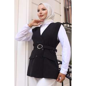 Conjunto Casual de Chaleco con Cuello en V Negro 19254, Top Midi de Lino Negro y Pantalones Cortos, Corte Holgado, Talla XL para Verano - Product Image 2