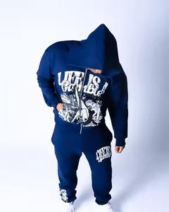 Haute qualité de logo personnalisé pour hommes, coupe ajustée, survêtement empilé, sweat à capuche avec tête de mort, ensemble deux pièces superposé de pantalons empilés d'hiver, ensembles de survêtements - Product Image 3