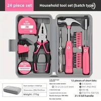Kit de Herramientas Manuales de 24 Piezas con Cinta Métrica de Plástico, Cinta Aislante Eléctrica, Martillo, Destornillador, Alicates, Llave Allen y Estuche, Color Rosa, para Reparaciones del Hogar