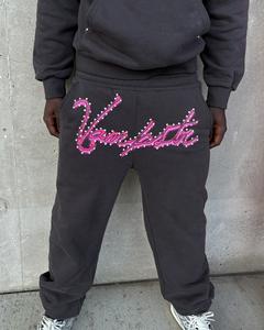 Pantalon de survêtement pour hommes en éponge française lavée à la pierre de sueur lavée à l'acide 400gsm personnalisée sérigraphie pantalon évasé en coton polaire avec strass - Product Image 2