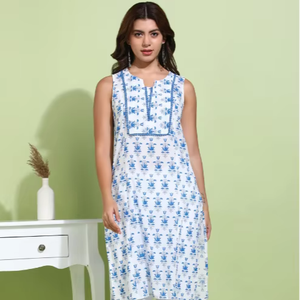 Vêtement ethnique bleu pour femmes en gros, kurta en coton droit sans manches à imprimé floral avec pantalon et dupatta, longueur mollet, col en V - Product Image 1