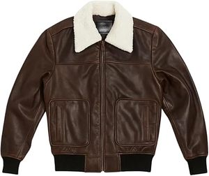 Blouson aviateur classique en cuir marron vieilli pour homme avec col montant et logo frontal - Product Image 2