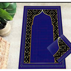 Tapis de prière bleu à motif islamique doré, tapis imprimé pour la décoration de la maison musulmane, avec tapis à poils doux - Product Image 1