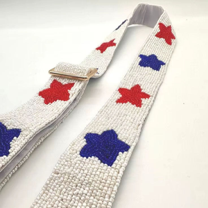 Sangle de sac brodée de perles blanches tendance, motif étoiles rouges et bleues, réglable, style bandoulière, poignée de remplacement pour sac à main - Product Image 1
