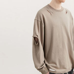 100% algodón de gran tamaño gota hombro rasgado lavado vintage streetwear cuello redondo francés Terry en blanco sudadera desgastada sudaderas con capucha - Product Image 2