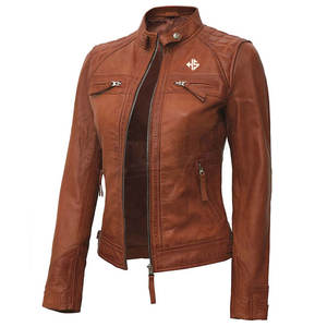 Chaqueta universitaria de cuero personalizada para mujer, chaqueta ajustada de cuero de color marrón para mujer, chaqueta de cuero PU para mujer - Product Image 3