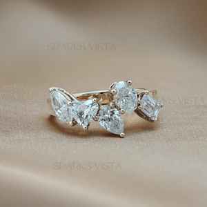 แหวนค็อกเทลฮิปฮอปประดับเพชรซิคอนหลากสีสัน รูปทรงมาร์คีส์ พีร์ และหัวใจ ชุบทอง 14K เครื่องประดับผู้หญิง พร้อมใบรับรอง GIA - Product Image 2