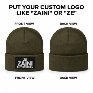 Gorro de Punto para Hombre, Premium, 300 GSM, Tejido Acrílico Acanalado, con Puño, para Invierno, Color Verde Oliva y Negro, con Parche de Logotipo Bordado Personalizado, Cálido y Elástico - Product Image 1