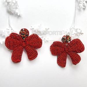 Handmade Beaded <b>Bow</b> Earrings <b>Red</b> Statement Fashion Jewelry for Women Unique Handmade Dangle Earrings - Product Image 4