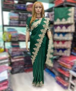 DESIGNER CHINON PASSEPOIL EN SOIE BORDER TRAVAIL SAREE AVEC BLOUSE NON COUCHÉE VÊTEMENT FESTIF PRIX DE GROS VÊTEMENT ETHNIQUE VERT - Product Image 2