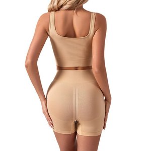 Combinaison de sport décontractée pour femmes, tenue vintage, déco, épaules tombantes, couleur unie, legging court, soutien-gorge croisé, survêtement en toile douce délavée - Product Image 2