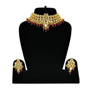 Red <b>Pearl</b> Kundan Choker <b>Set</b> with Earrings and Maang Tikka Vintage Gold Plated Bridal Fine <b>Jewelry</b> for Wedding or Gift - Product Image 1
