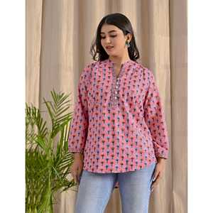 Blusa de Mujer con Estampado Floral Rosa, Corte Holgado, Popelina de Algodón Butti, con Cuello de Lazo, Botones Frontales, Largo, Talla XL, para Primavera/Verano - Product Image 4