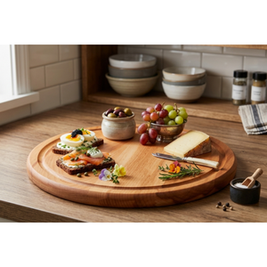 Tabla de cortar redonda de madera de haya de 25 cm con ranura para jugo, acabado con aceite vegetal, tabla para servir, venta al por mayor, logotipo personalizado - Product Image 2
