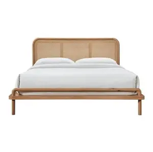 Teak wooden bed natural color with rattan cane headboard Singapore - All Teak Furniture Indonesia Manufacture and Exporter