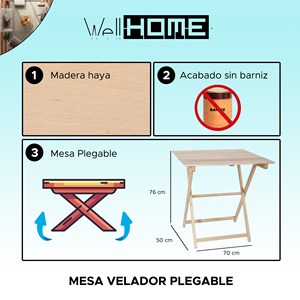 WELL HOME Mesa Auxiliar Plegable de Madera de Haya con Acabado Sin Barnizar 70x50x76 cm Mesa de Exterior - Product Image 2