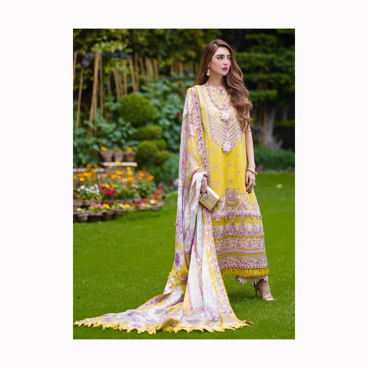 Tenue de soirée tendance vêtements indiens pakistanais costume de pelouse 3 pièces célèbre robe asiatique pour dames