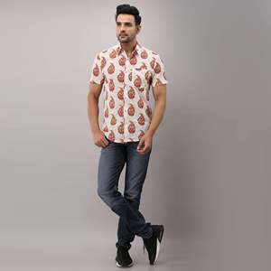 Men's Casual White Cotton <b>Shirt</b> with Ethnic Motifs Floral Dot Pattern Breathable Poplin Fabric Beach Wear Size 5XL ODM Supply - Product Image 1