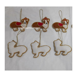 Lowest Price Beautiful Zari Embroidery High Class Brown Color <b>Dog</b> Shape Hanging <b>Ornaments</b> for Christmas Tree Decoration - Product Image 1