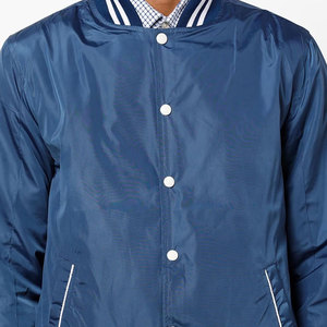 Men's Navy Blue Varsity Jacket Regular Fit Solid Color Casual Windproof Stand Collar <b>Covered</b> <b>Button</b> Closure Wool/Leather Shell - Product Image 6