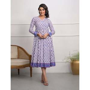 Vestido Angrakha 100% Algodón Blanco con Estampado de Bloques, Estilo Hippie Largo, Cintura Imperio, Casual, para Club o Día, ODM, Alta Calidad, Talla Única/XS - Product Image 1