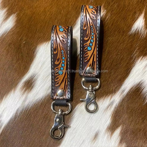 ใหม่ Turquoise & สีน้ําตาลมือเครื่องมือคล้องข้อมือหนังพวงกุญแจชุดส่วนบุคคล Key Fob-Cowgirl รถ Key ตะแกรงตะวันตกสายคล้องคีย์คลิป - Product Image 4