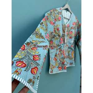 Chaqueta Kantha de algodón hecha a mano para mujer con decoración bordada Vintage Festival Block Print transpirable abrigo corto para otoño - Product Image 4