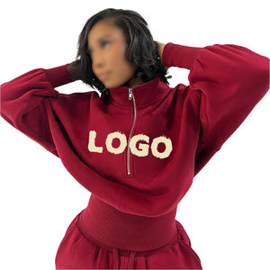 Chándal de media cremallera para mujer, chándal de lana de algodón bordado desgastado para mujer, conjunto de Jogger personalizado, bolsillo frontal, informal, sólido - Product Image 3