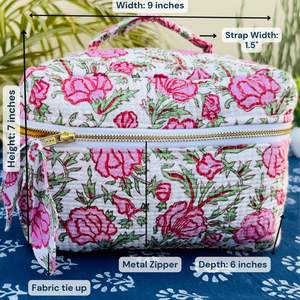 Elegante bolso de tocador de algodón con estampado de bloques de mano con cierre de cremallera de diseño acolchado, compartimentos espaciosos para viajes y todos los días - Product Image 4